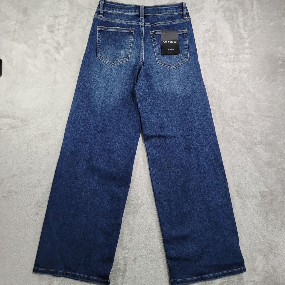 Oneso Wide Leg Jeans Womens 28 Blue Med Wash Relaxed Distressed Stretch Denim - Picture 8 of 10